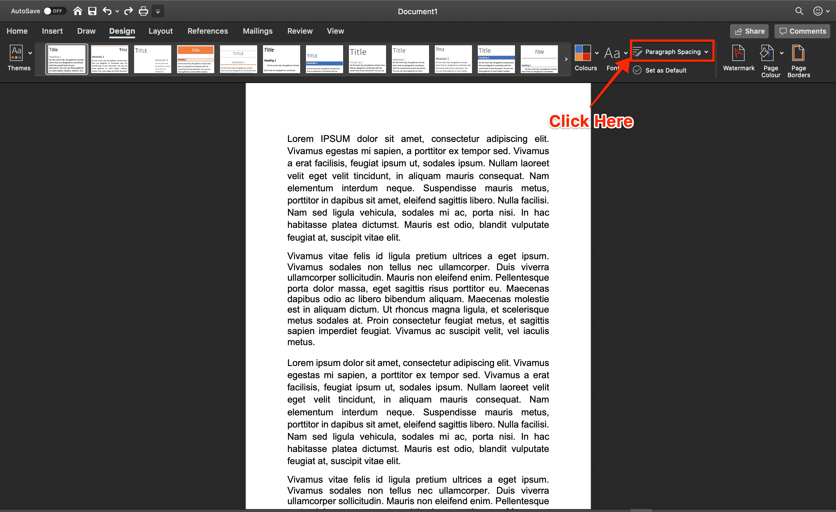 paragraph spacing in word design tab